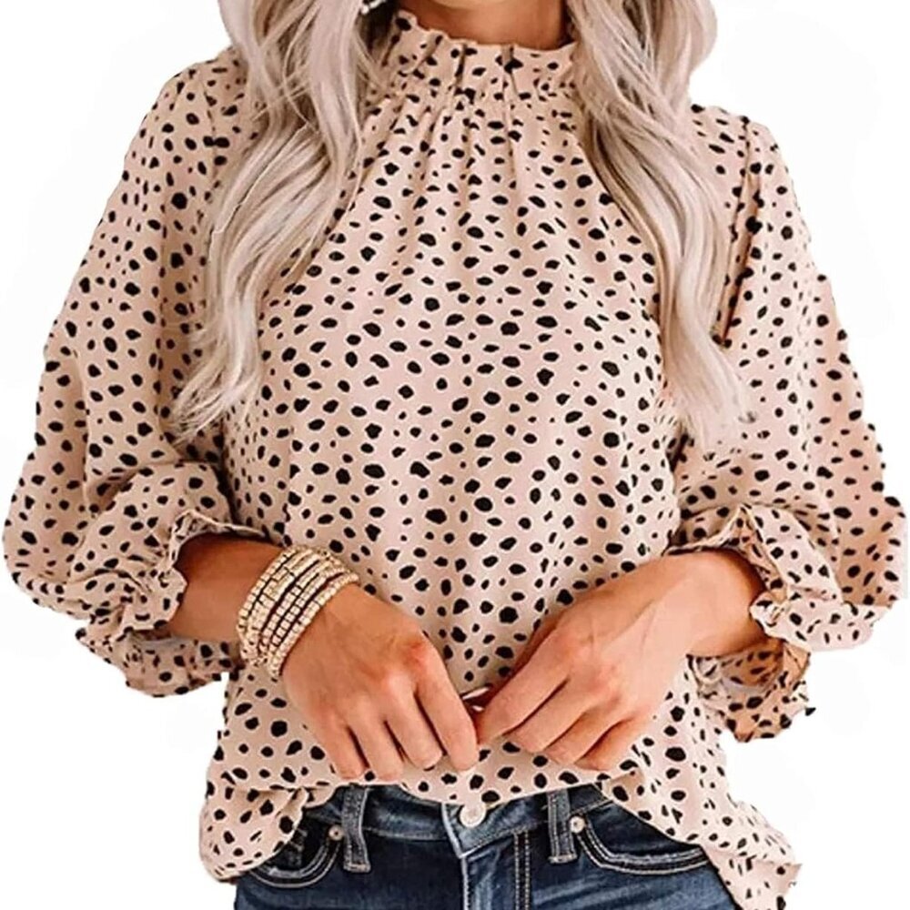 Women Polka Dot Long Sleeve Blouse Shirts Work Mock Neck Ruffle Top